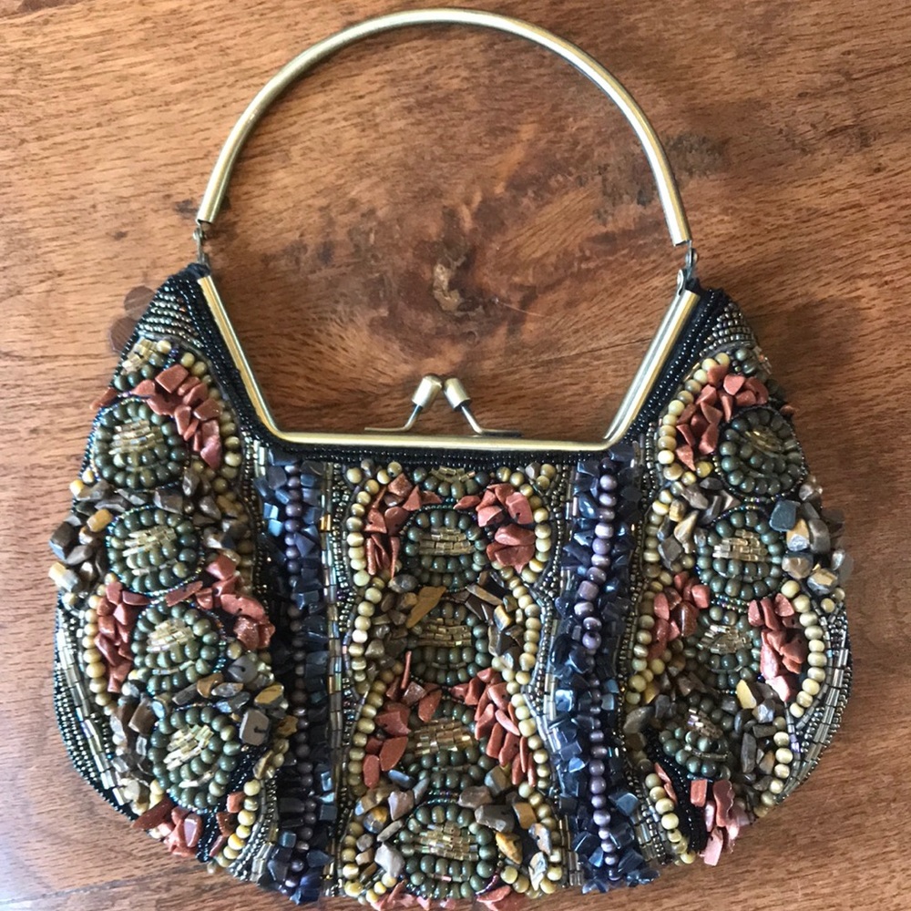 Beaded Multicolor Evening Clutch with Gold Handle